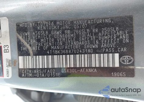2007 Toyota Avalon Xl from USA, damaged, VIN 4T1BK36B87U243180